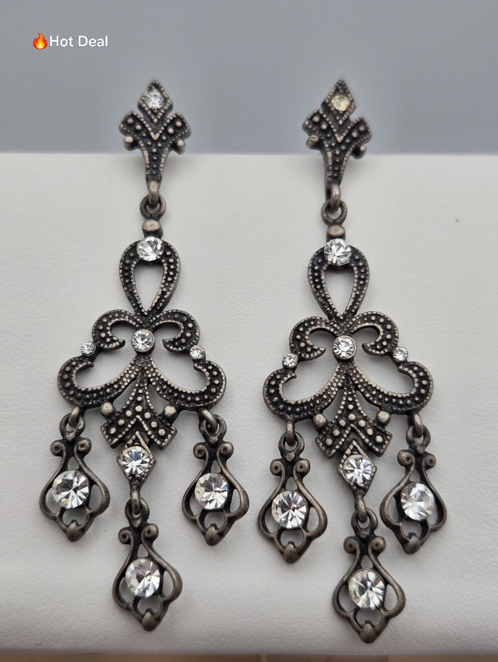 Filigree Chandelier Earrings Crystal Rhinestone 2.5" Vintage Style Silver